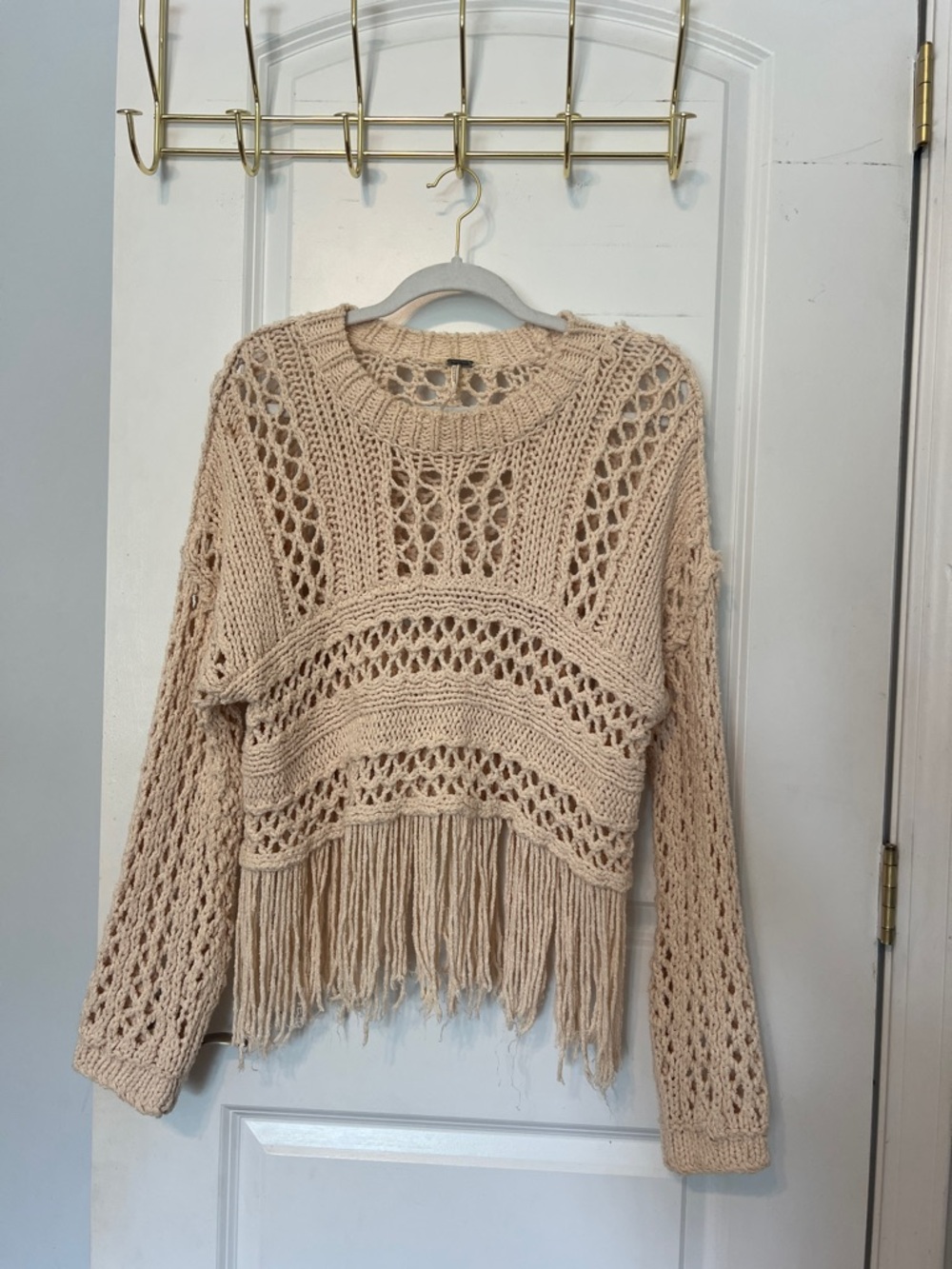 Free People Open-Knit Fringe Crewneck Sweater - Cream